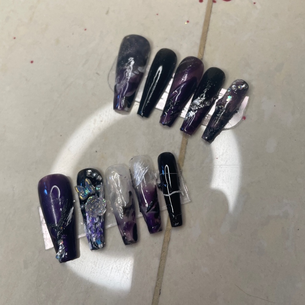 Purple black coffin press on